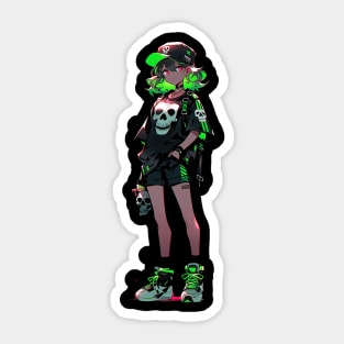 Girl with green hair and a baseball cap, dark neon punk Sticker